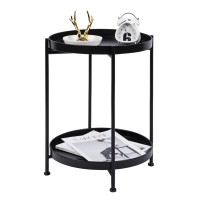 2 Tier 15.7" Dia. Metal Round Side Table with Removable Storage Tray for Living Room,Bedroom Nightstand End Table - Black